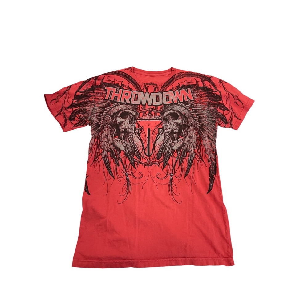 Throwdown Shirt Mens Large Red Skulls Cybergoth Y2K 2000s Emo Grunge MMA Tee